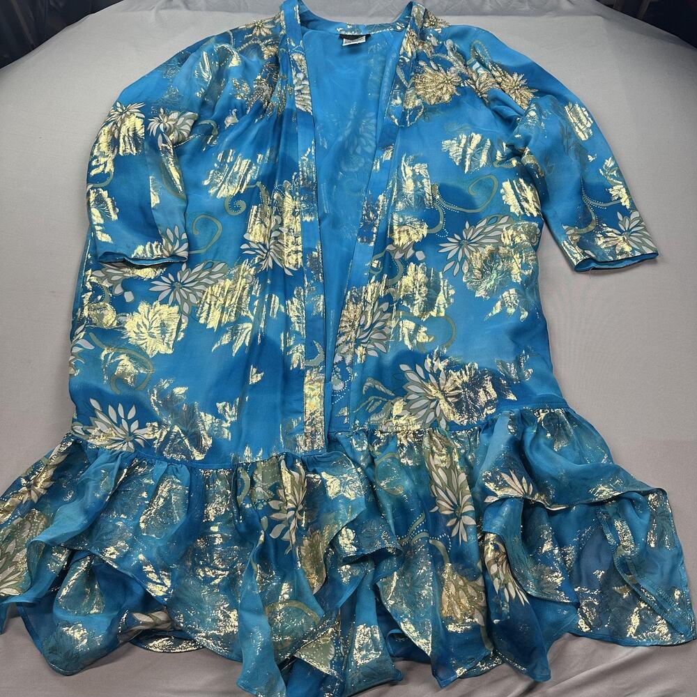 Diane Freis Open Front Jacket Womens Large Silk Floral Beaded Ruffle Boho